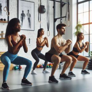Beginner doing a squat as part of a home workout routine.”