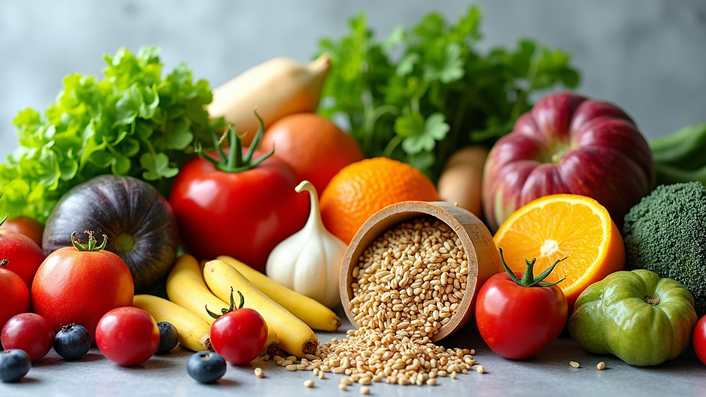 An assortment of healthy foods such as fruits, vegetables, grains, and nuts arranged on a table