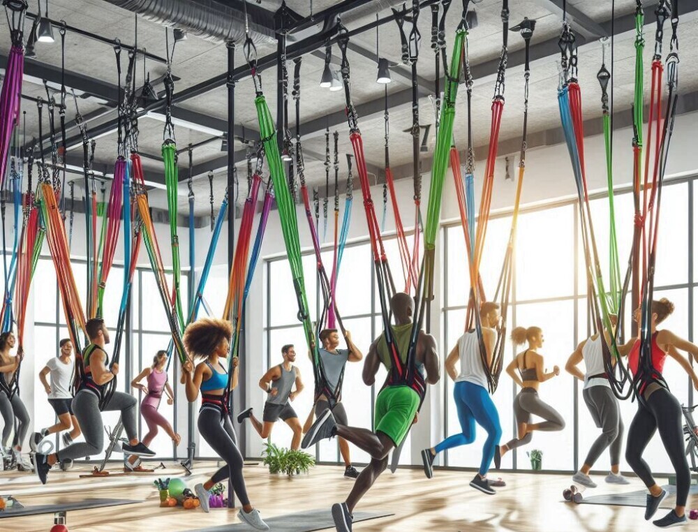 Woman doing bungee fitness workout with suspension harness