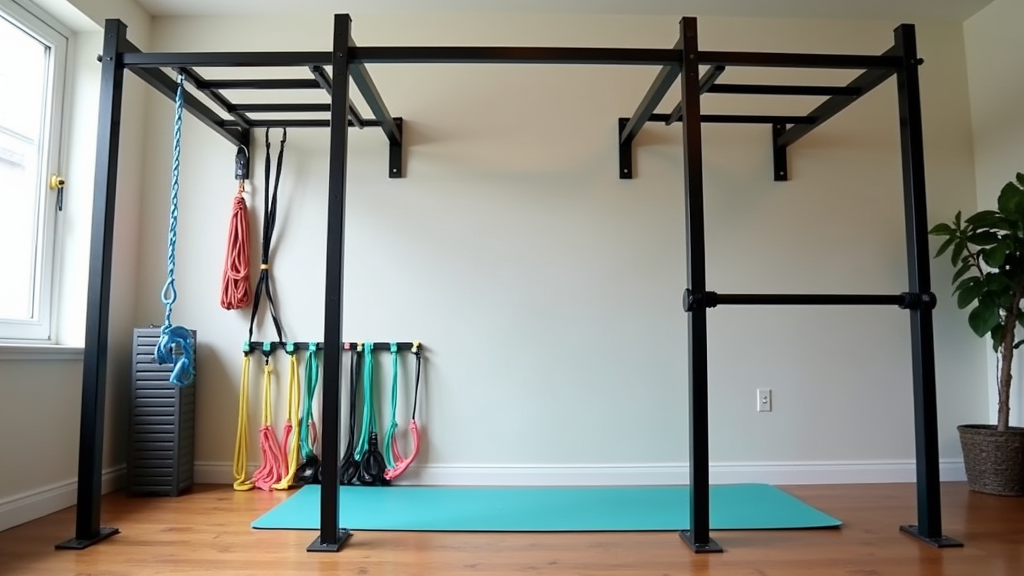 Assorted bodyweight exercise equipment and accessories, such as a pull-up bar, yoga mat, and resistance bands