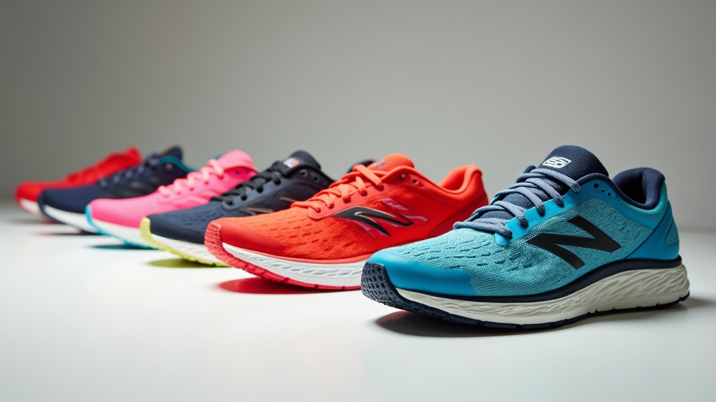 Colorful lineup of new running shoes on display