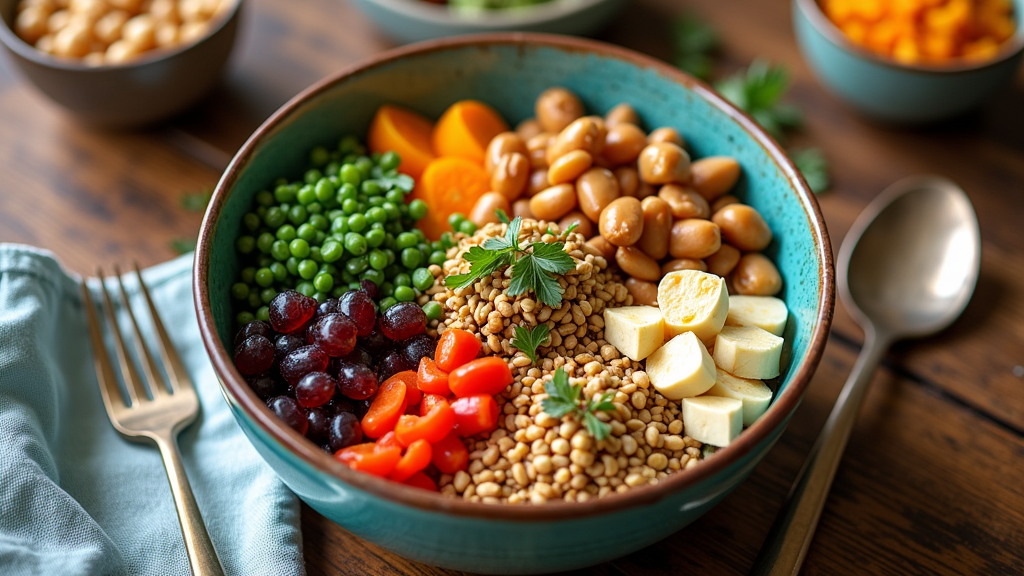 Colorful vegetarian high-protein meal with grains, legumes, and vegetables