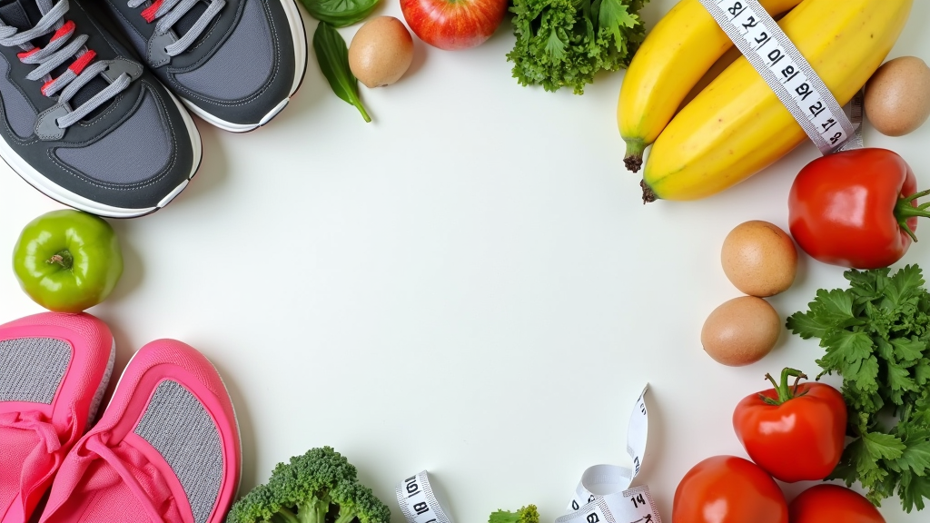 Flat lay of healthy foods, measuring tape, and simple workout gear on a table, emphasizing a practical approach to belly fat loss.