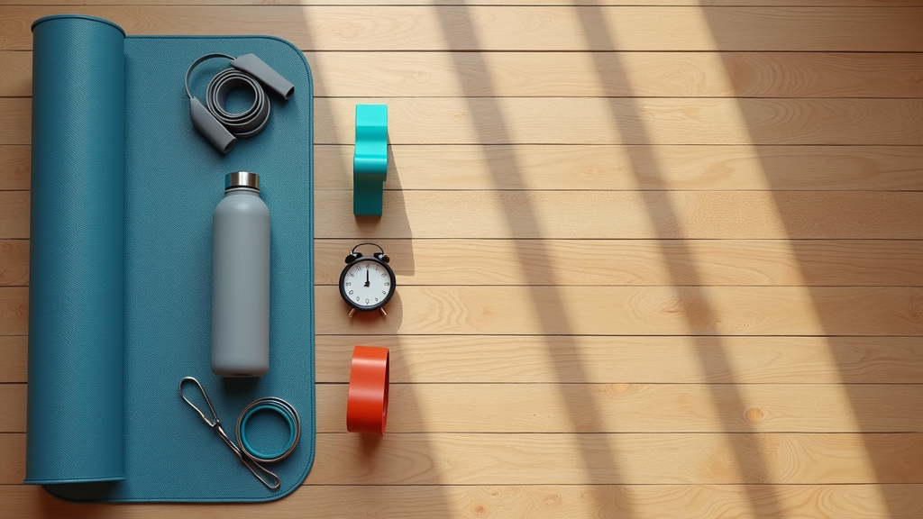 A set of workout essentials: yoga mat, water bottle, resistance band, and workout timer on a wooden floor.