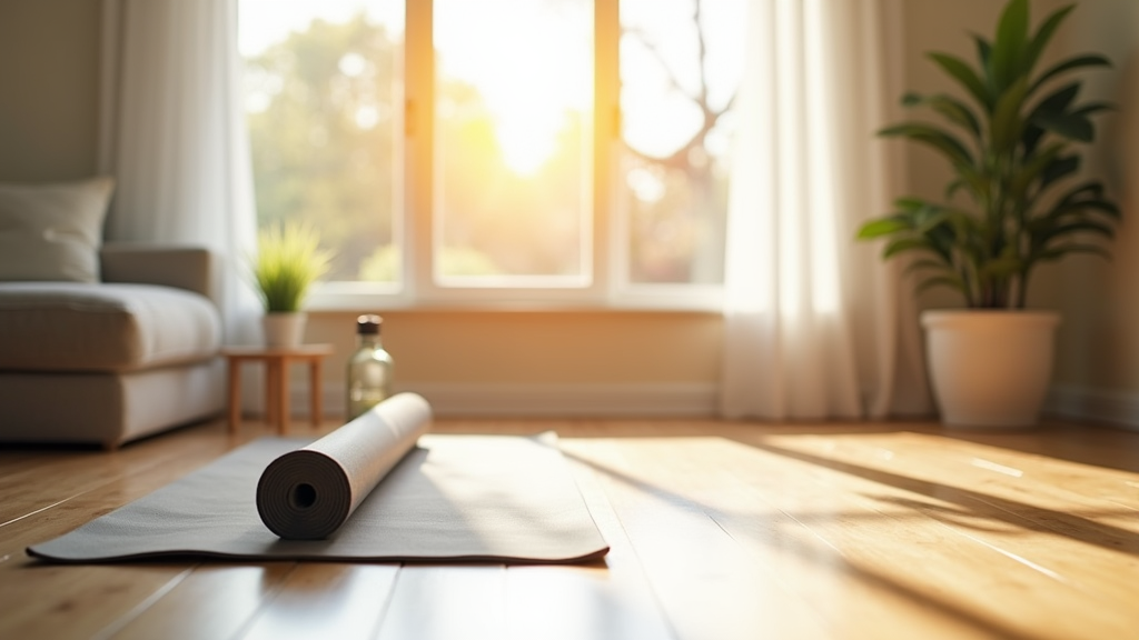 Bright and minimal home workout space with a yoga mat and sunlight streaming in from a window
