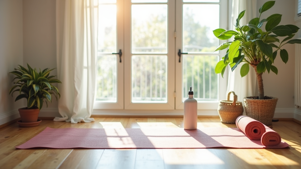 minimalist, peaceful workout setting with yoga mat, water bottle, and natural light