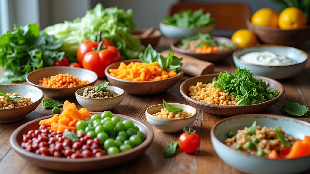 Colorful assortment of high-protein vegetarian meals on a kitchen table, including legumes, tofu, Greek yogurt bowls, and leafy greens