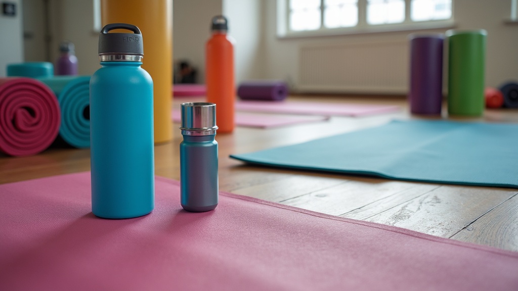 Colorful display of plus-size fitness gear including dumbbells, resistance bands, yoga mat, and water bottle.