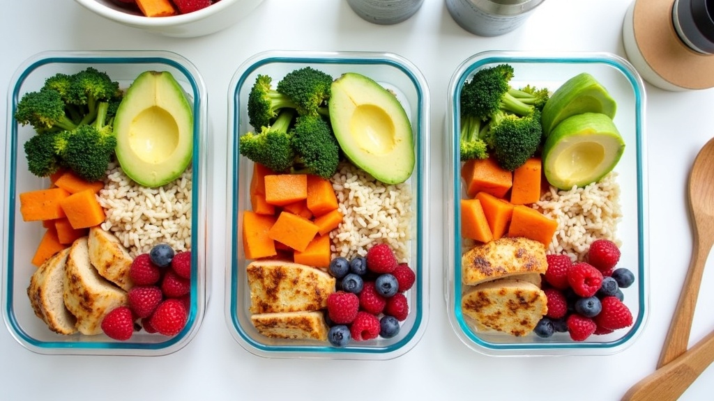 Meal prep containers filled with colorful, balanced meals for muscle gain