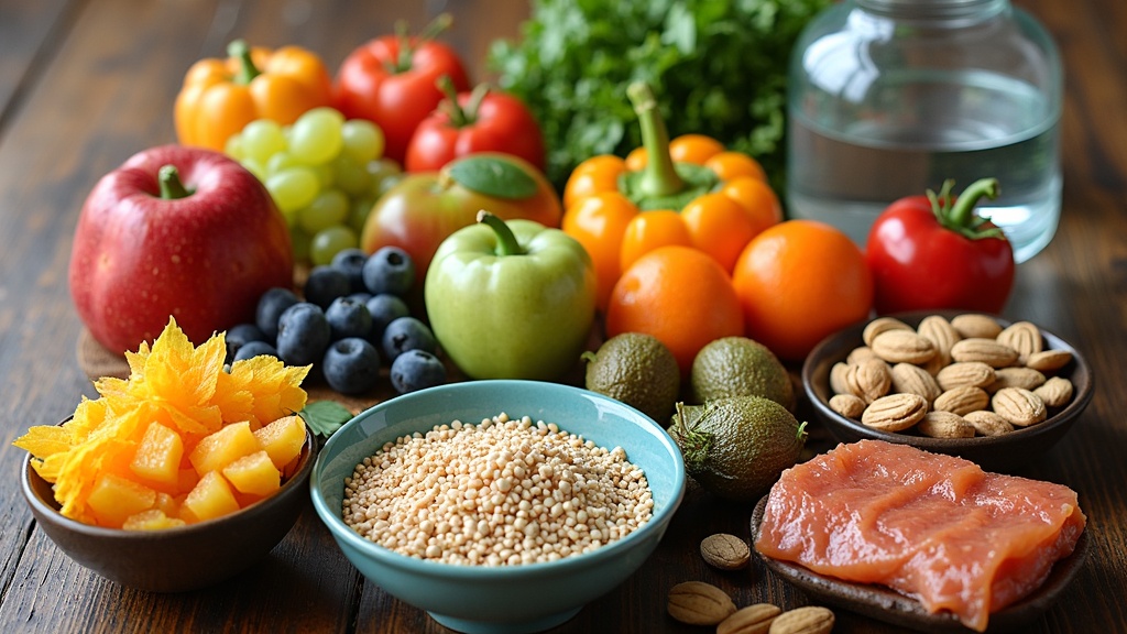 Photo of healthy foods and water bottle on wood background.