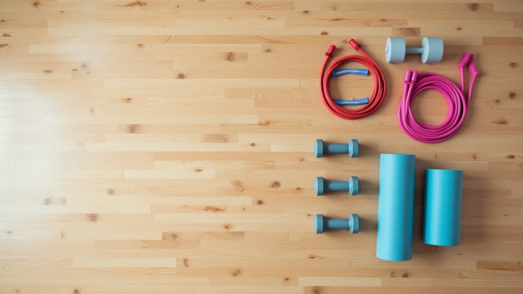 Set of at-home tricep and arm workout equipment on a yoga mat, including resistance bands and dumbbells