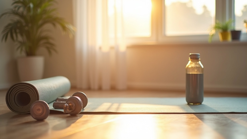 Bright morning scene with workout gear and a yoga mat by a window